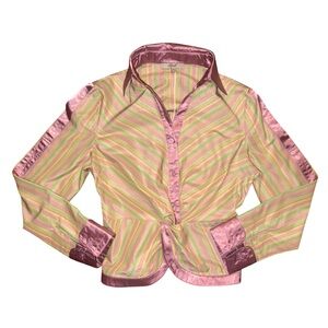 Women’s Vintage Striped Pink and Green Button-Up‎ Blouse Size Large